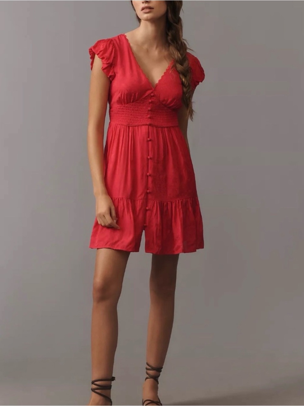 Anthropologie Peregrine Satin Mini Dress in Pink V Neck Smocked Waist Size XXS